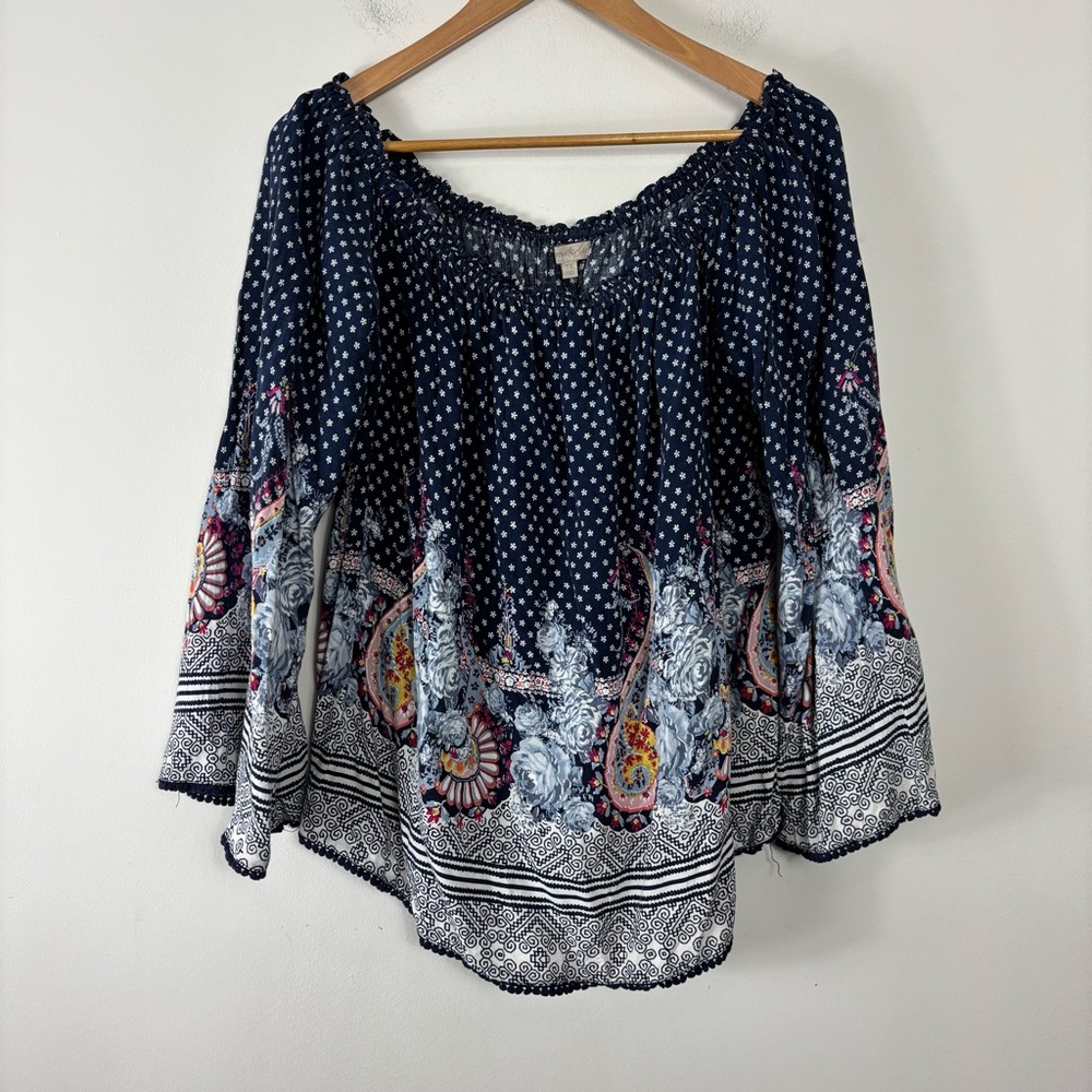 Wonderly Floral Paisley Blouse Womens 2X Flare Sleeve On Off Shoulder Flowy